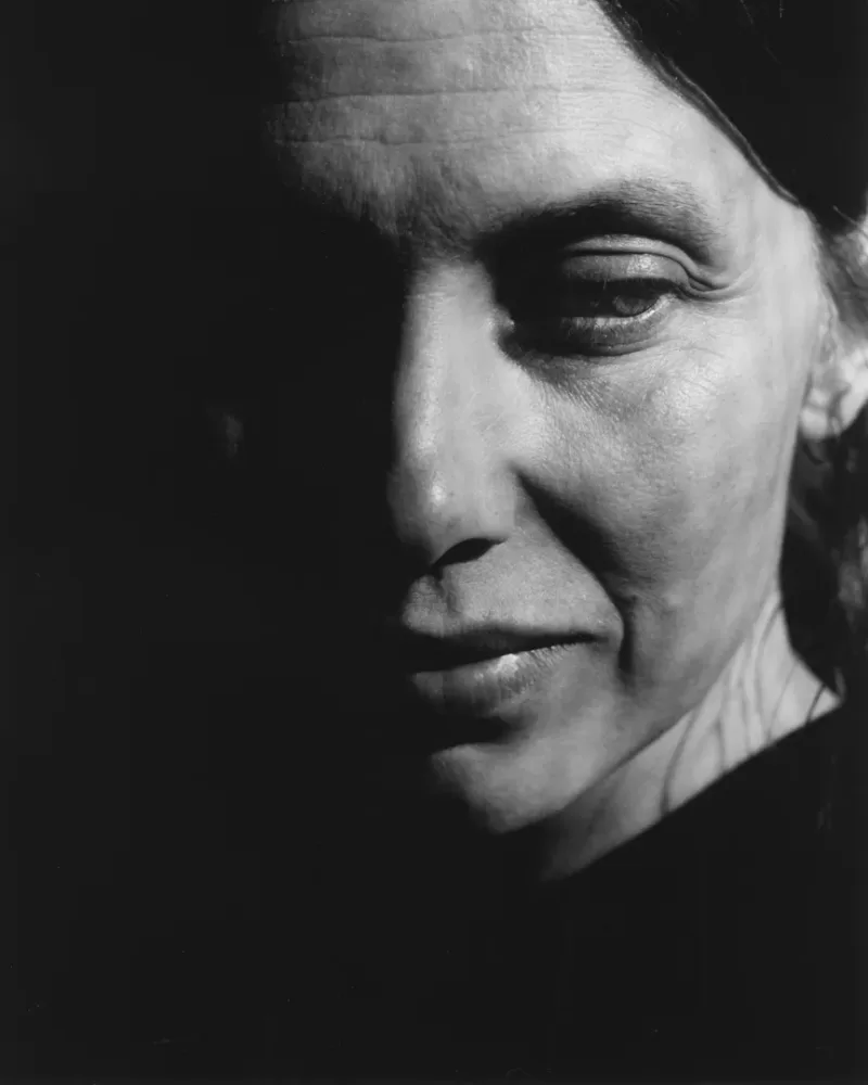 A close-up black and white photograph of Barbara Wesołowska