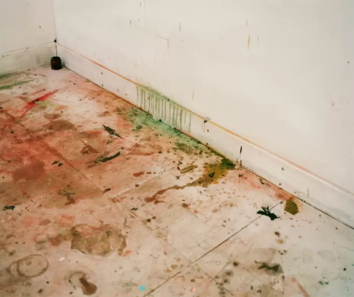 A photograph of Barbara Wesołowska's paint-splattered studio floor