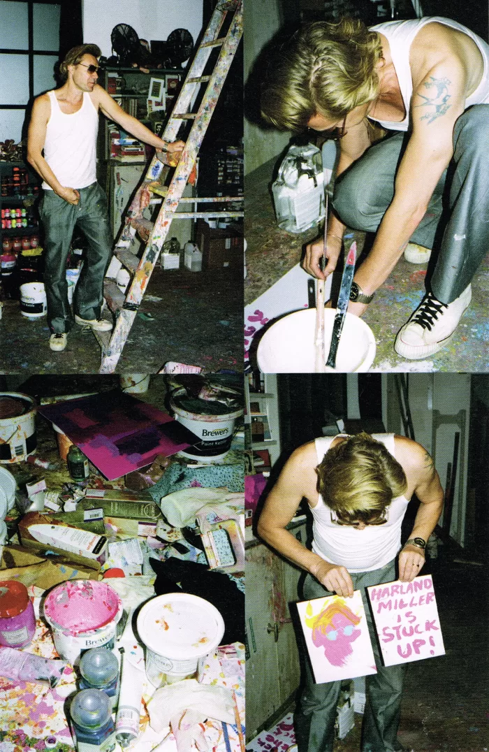 A collection of four photographs of Harland Miller painting in his studio