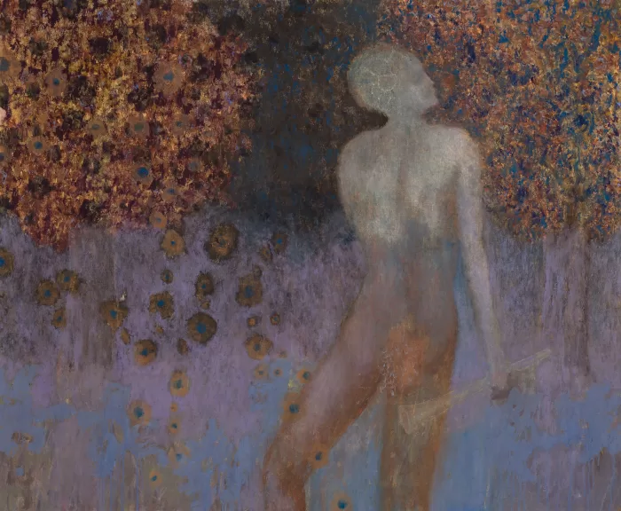 Oliver Bak's painting 'Satyr (Alteration of Titian)' at ADZ, Lisbon depicting a male nude situated in a dark field with rusty coloured trees.