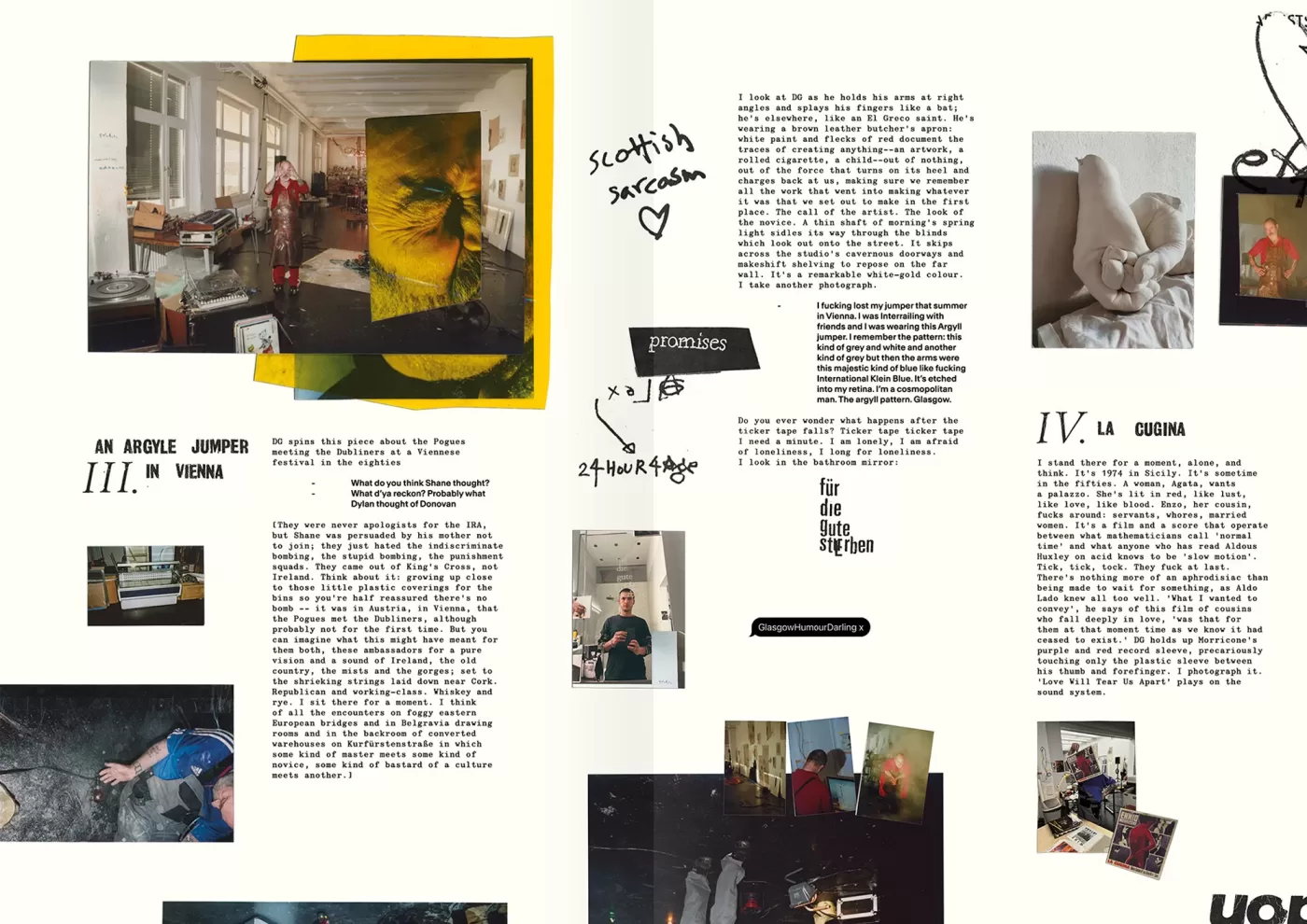 A scan of a double page spread of images and text taken from Plaster's previously printed Douglas Gordon issue