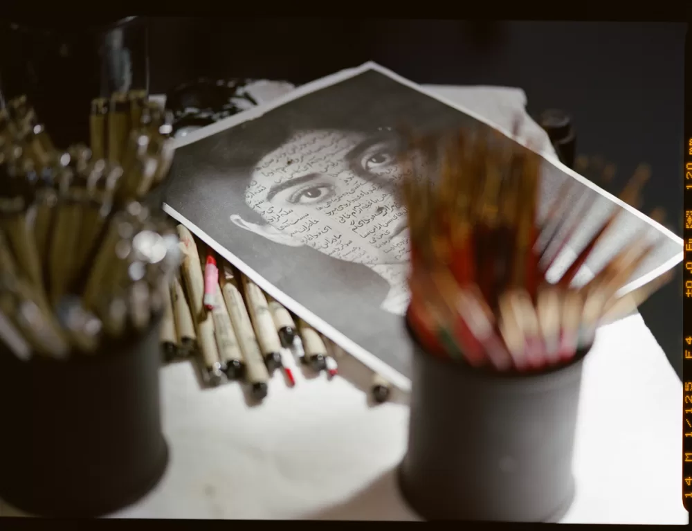 A photograph of personal items at Shirin Neshat's Brooklyn studio