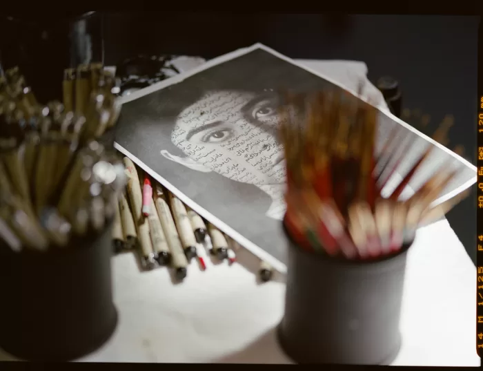 A photograph of personal items at Shirin Neshat's Brooklyn studio