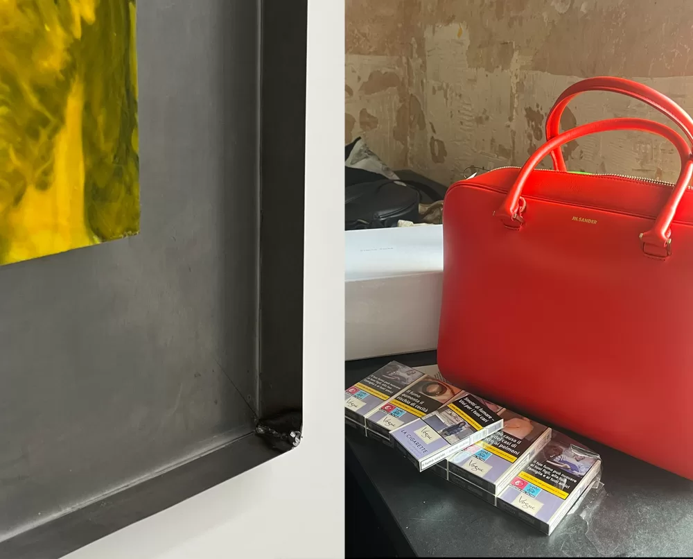 A visual collage of the art vs fashion debate: a close-up photograph of the corner of a picture frame cropped next to a photograph of a red Jil Sander bag and packets of cigarettes