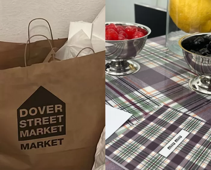 A visual collage of the art vs fashion debate: a photograph of a Dover Street Market bag cropped next to a photograph of a Miu Miu table setting