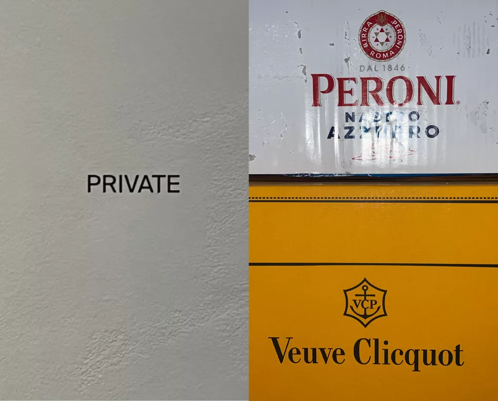 A visual collage of the art vs fashion debate: a photograph of a 'Private' sign on a wall cropped next to a photograph of Peroni and Veuve Clicquot boxes