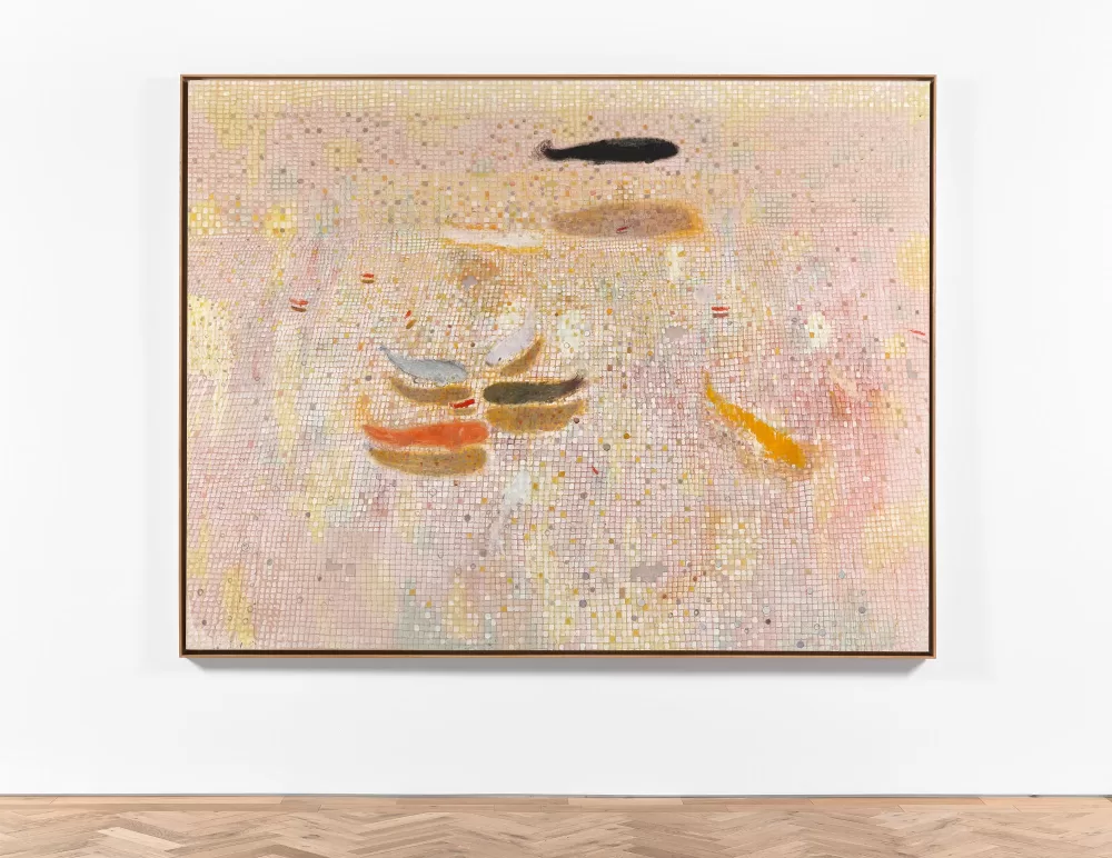 An installation view of Andrew Cranston's painting 'Why have you stopped here?', depicting a group of fish swimming