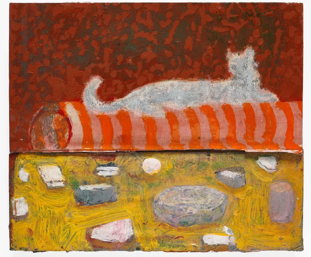 Andrew Cranston's painting 'cat and cheeseboard', depicting a grey cat lying on a stripey cushion