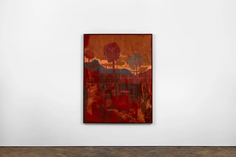 An installation view of Andrew Cranston's painting 'Stay with me, my nerves are bad tonight, the midges too', depicting a scene of trees and plants painted in rusty red and orange colours