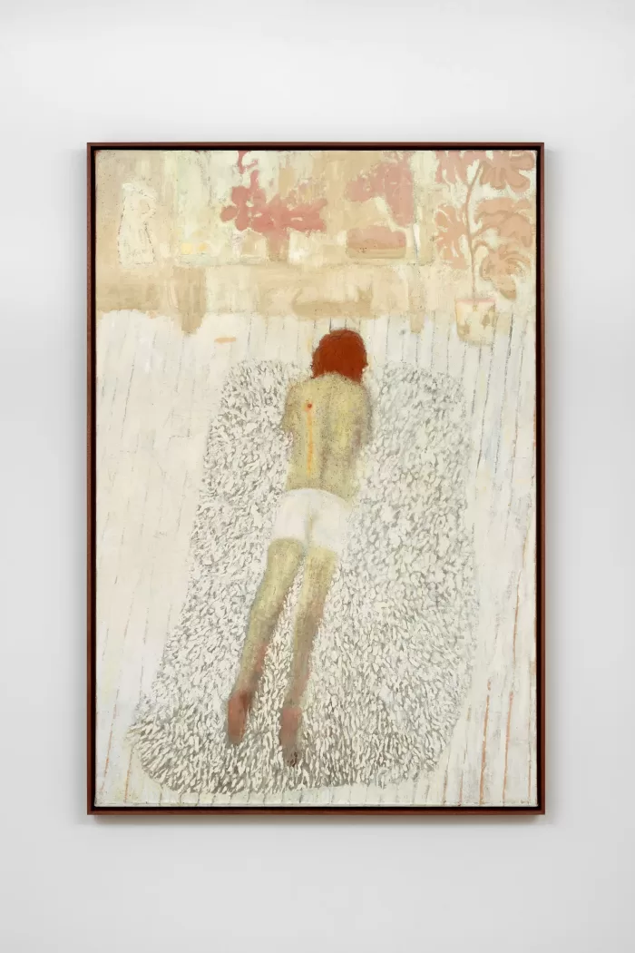 A photograph of Andrew Cranston's painting 'Why can't I be you?', depicting a figure lying face down with a bullet wound on the left shoulder