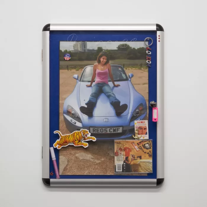 A photograph of a kitsch Y2K style moodboard of a picture of a girl sat on a car overlayed with stickers and trinkets