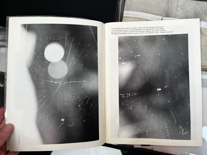 A photograph of a double-page spread from a photobook featuring two black and white photographs of spider webs