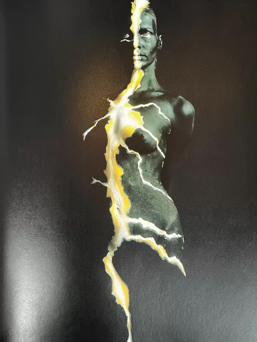 A photograph of a page from a photography book picturing a woman posing wearing body paint