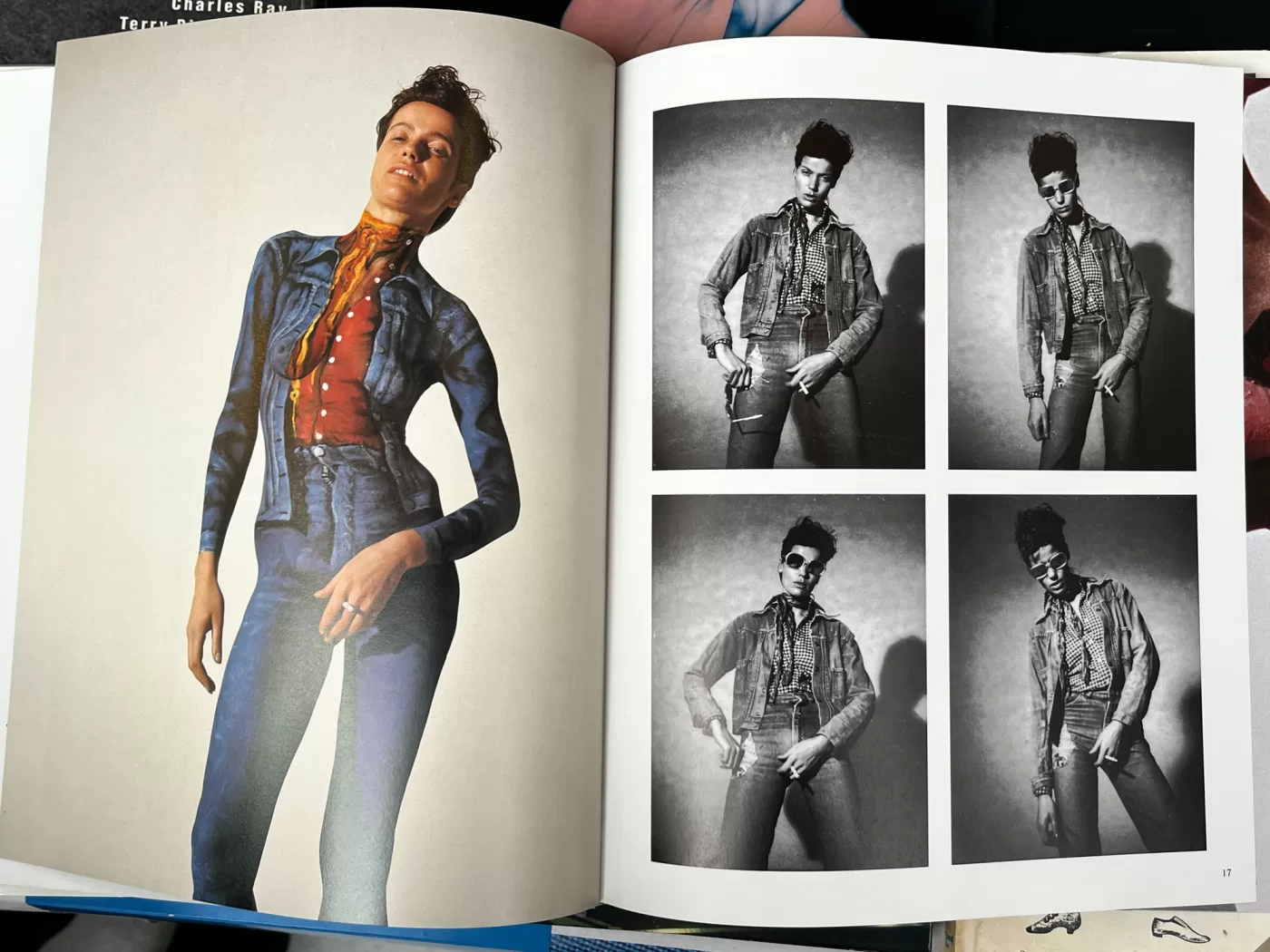 A photograph of a double-page spread from a photography book picturing a woman posing wearing body paint