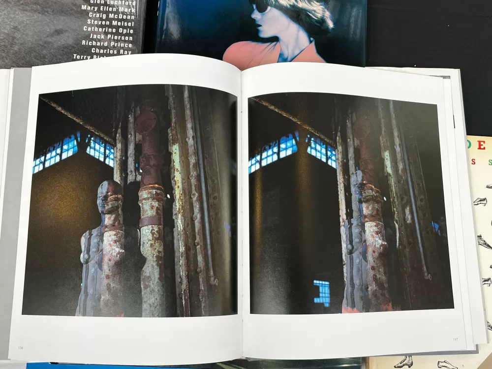 A photograph of a double-page spread from a photography book picturing a woman camouflaged with body paint