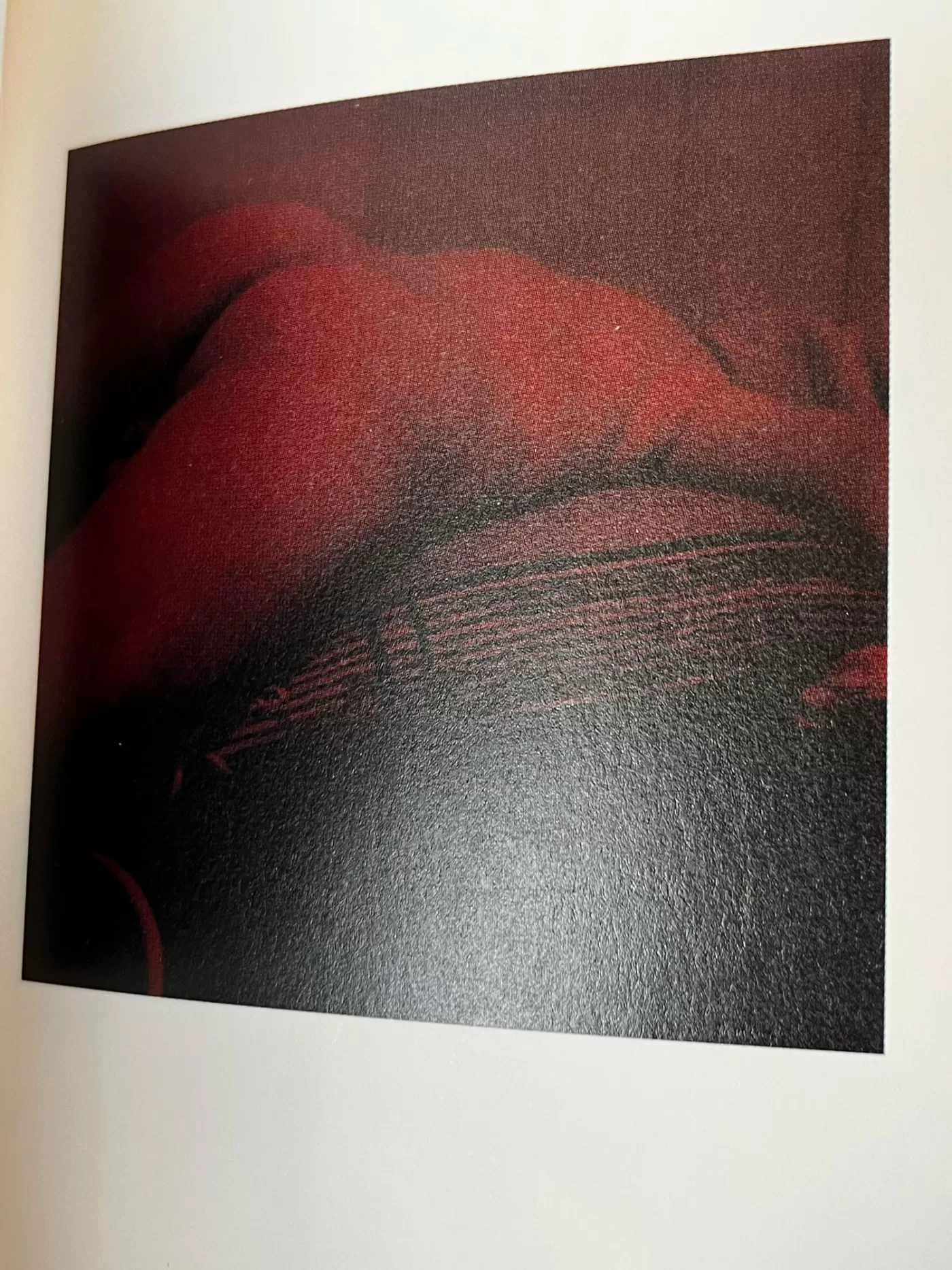 A photograph of a page from a photography book featuring a red photograph of someone lying naked in bed