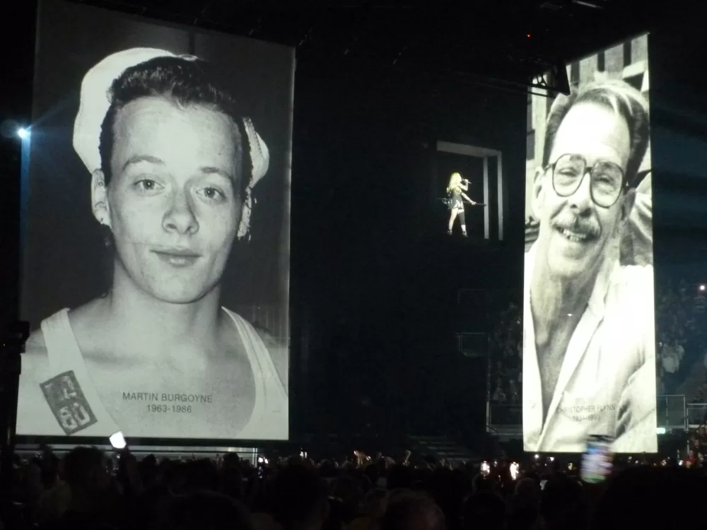 Photograph of Martin Burgoyne projected on screen at Madonna's 2023 Celebration Tour