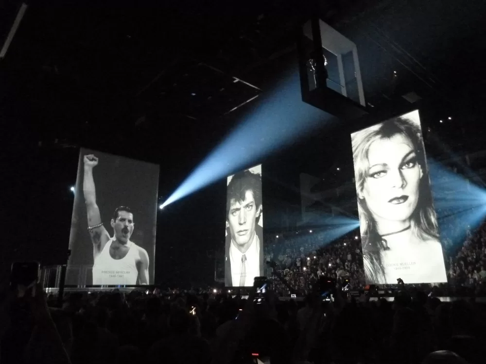 Images of Freddie Mercury, Robert Mapplethorpe and Cookie Mueller projected on screens at Madonna's 2023 Celebration Tour