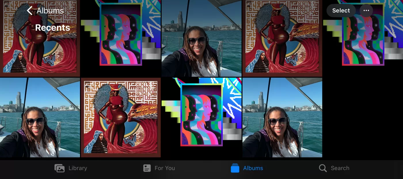 Alexandria Smith's photographs from her phone including a selfie, A Miles Davis album cover and a screenshot of spotify wrapped