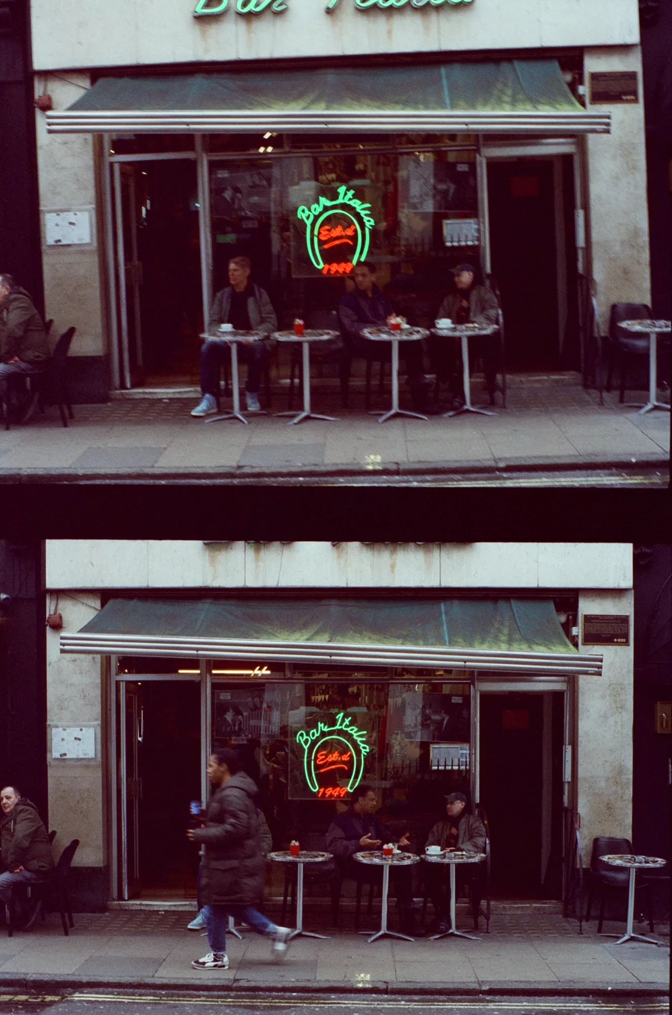 Joshua Leon and Abbas Zahedi sit outside Bar Italia, in conversation over drinks