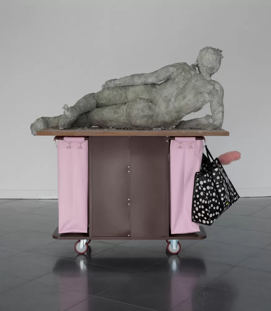 Nicole Wermers sculpture of a reclining female figure in her show 'Day Care' at The Common Guild, Glasgow