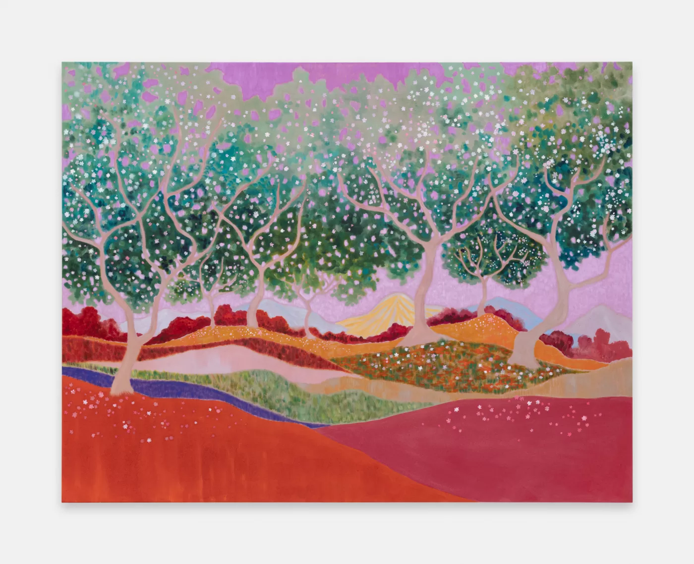 Painting of a red landscape with trees by Freya Douglas-Morris