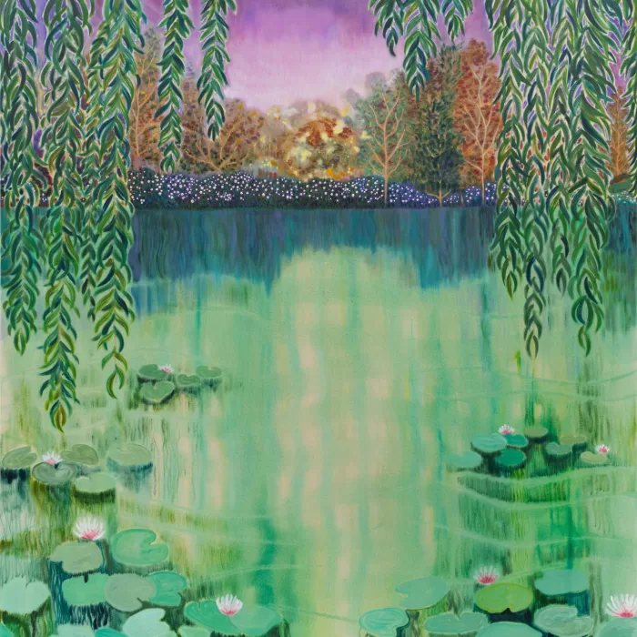 Painting by Freya Douglas-Morris of a green pond with water lilies