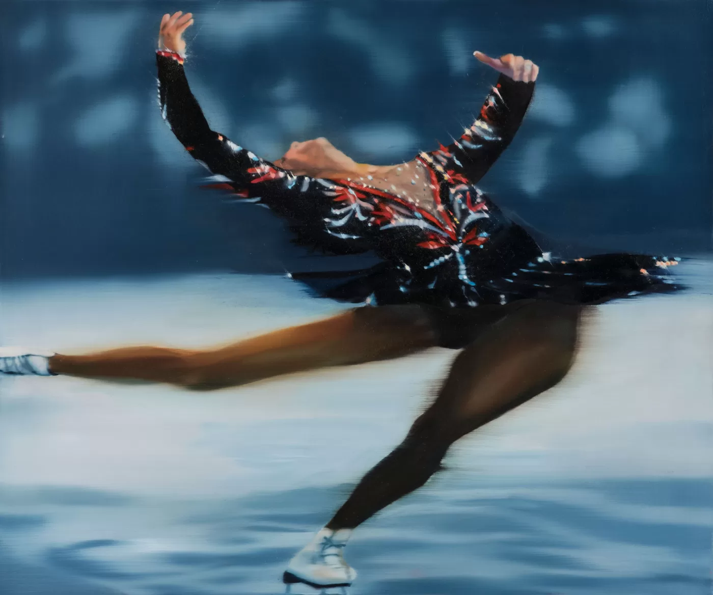 Painting of Debi Thomas ice skating by Ellen Hanson