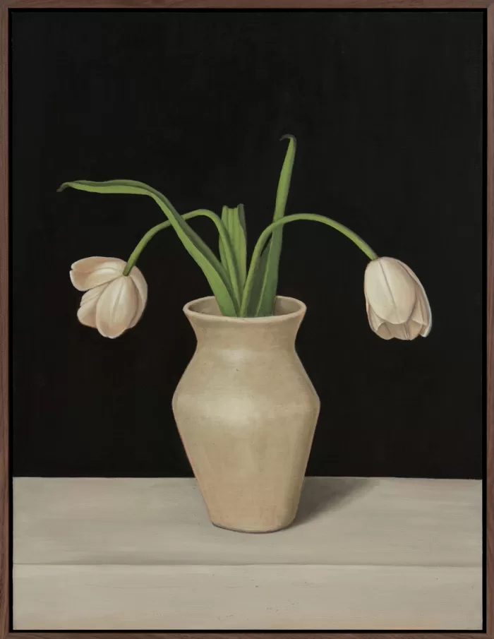 Still life painting of a vase of white tulips by Max Xeno Karnig