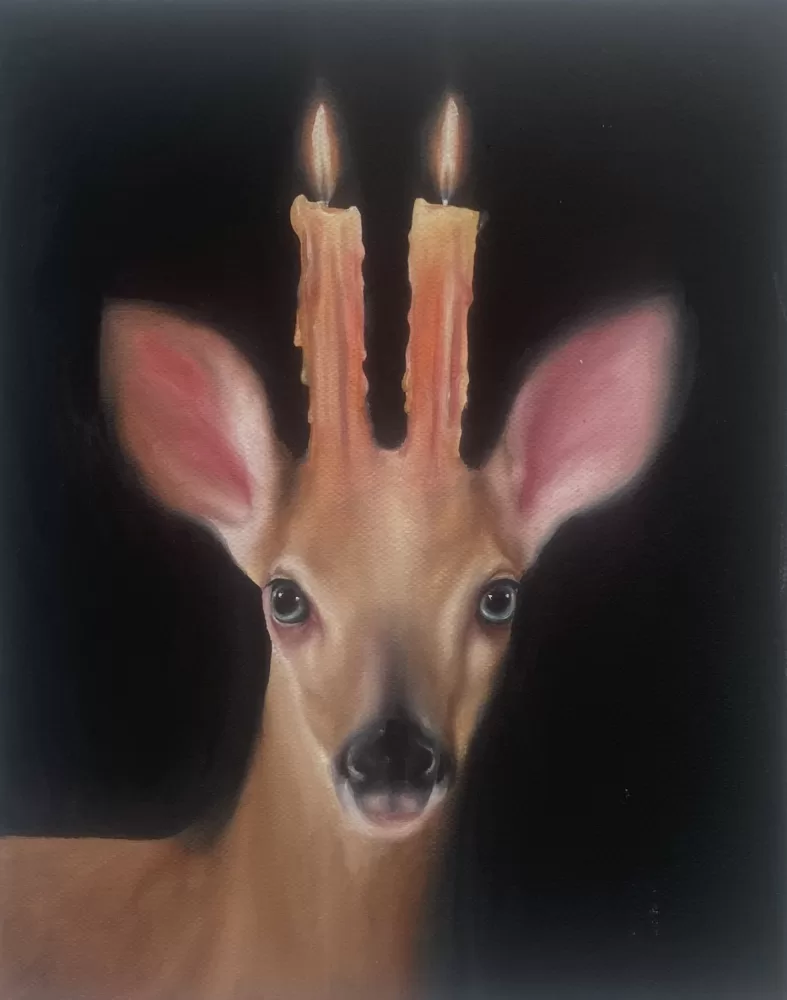 Ada Bond's oil painting of a deer with candles for antlers