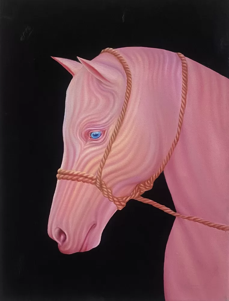 Ada Bond's oil painting of a fluorescent pink horse