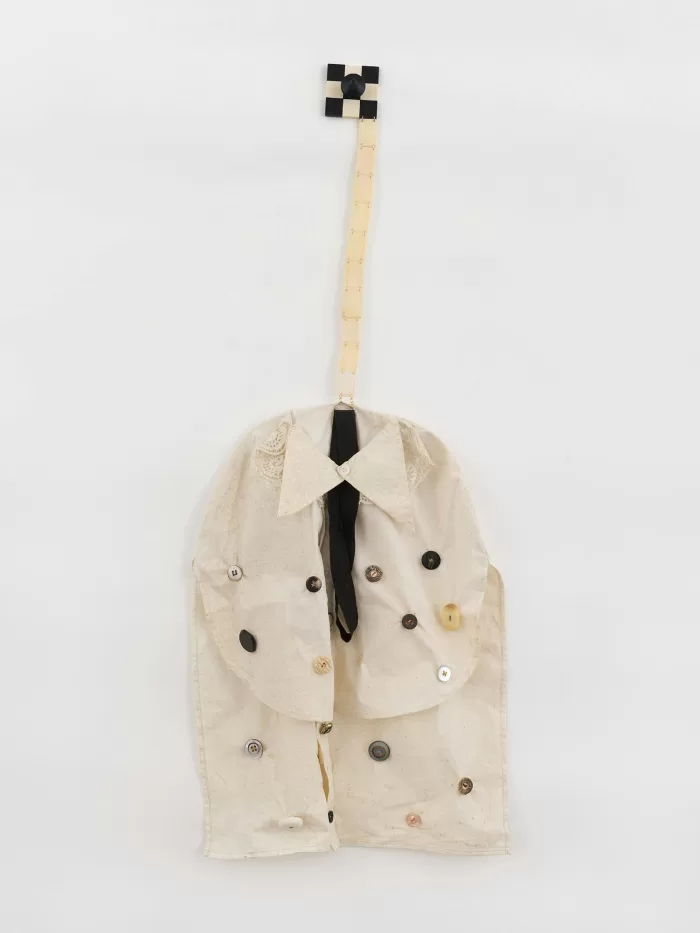 Oscar Enberg's mixed media cloth sculpture with assorted buttons, 'Wilhelm Meister’s Hemd'