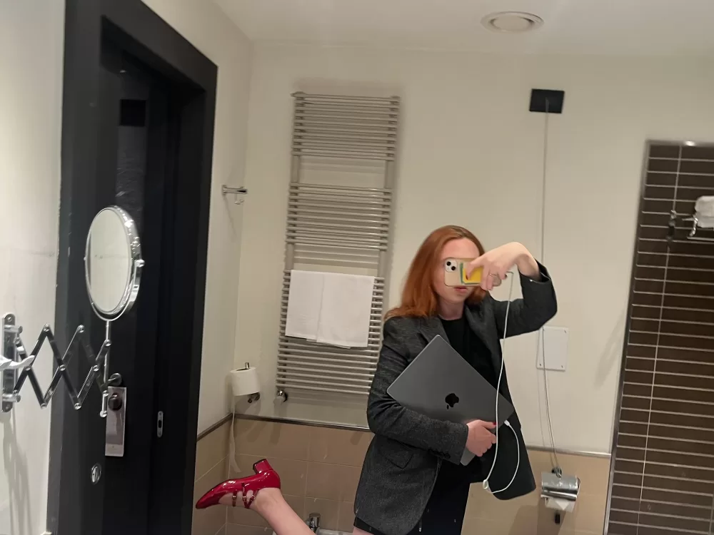 Writer Olivia Allen in her hotel bathroom